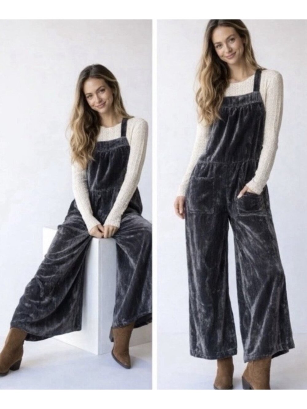 Natural Life Dakota Tie Crush Velvet Overalls Charcoal Gray Size XXL